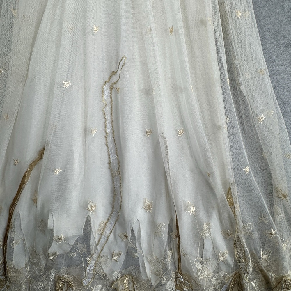 Whimsical Fairycore Ethereal Tulle Maxi Skirt XS Cream Gold Embroidered Bridal - Picture 3 of 16